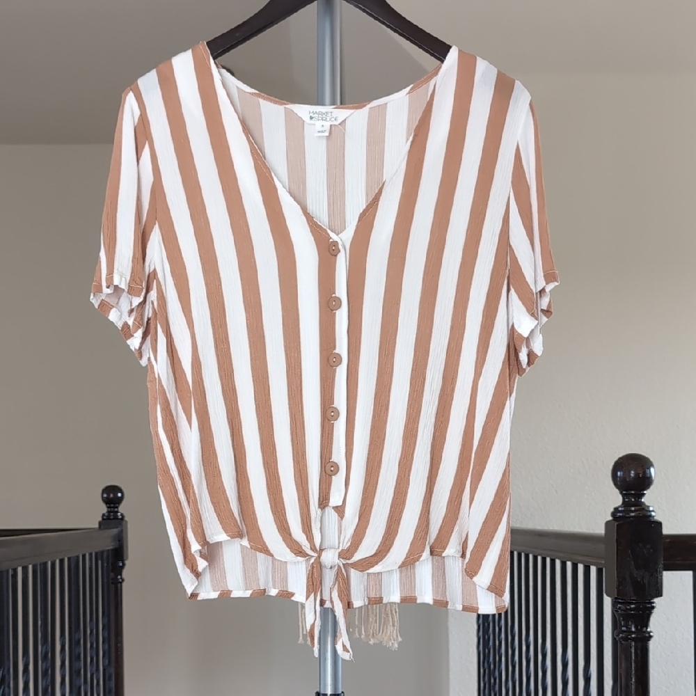 Market & Spruce Tan and Brown Button Down Cuffed Sleeve Blouse